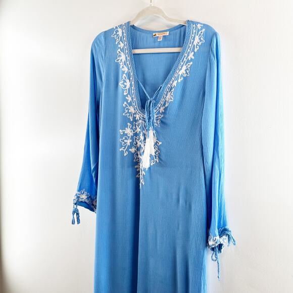Rise and Bloom Embroidered Long Sleeve Tie Neck Maxi Dress Blue Medium - Picture 13 of 15